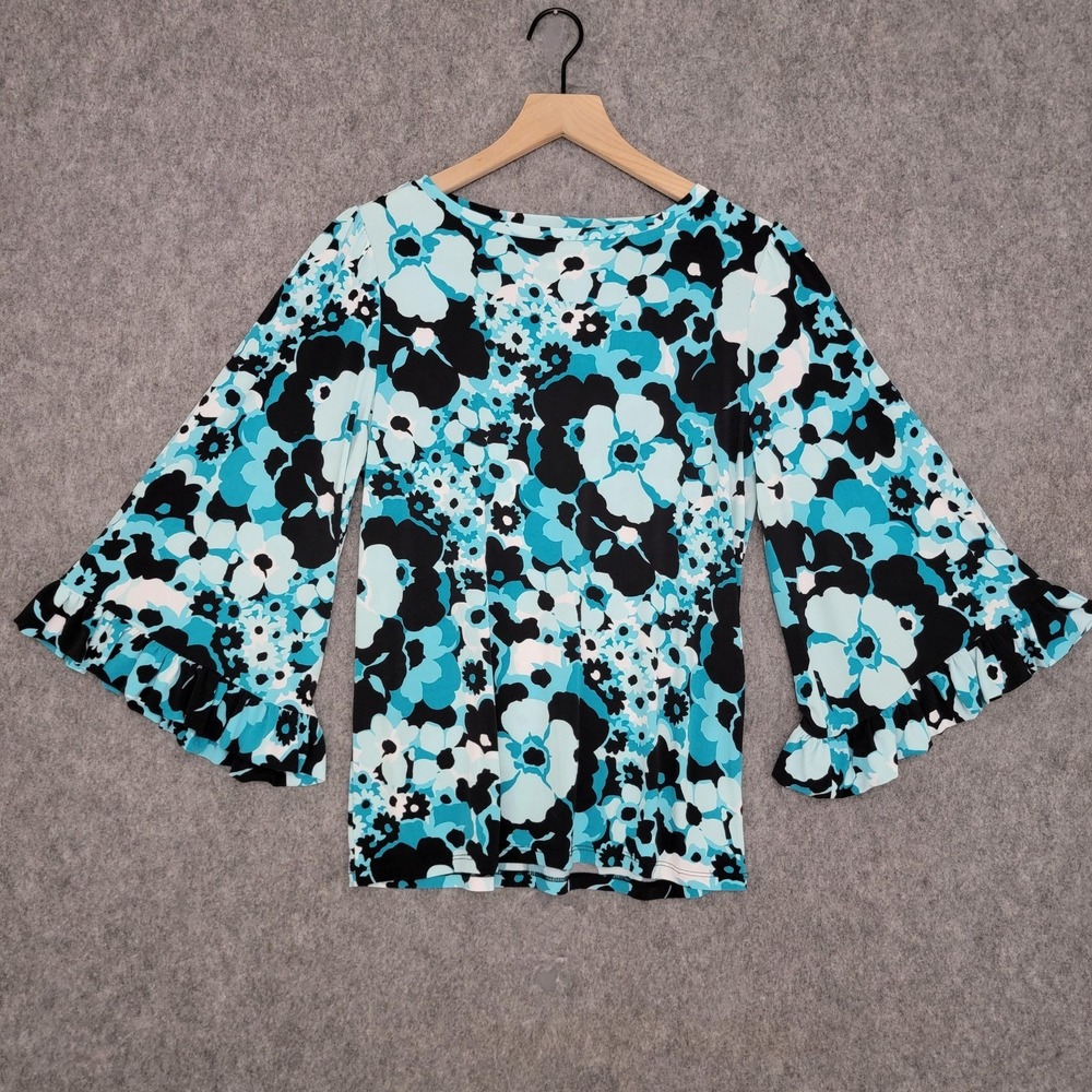 MICHAEL Michael Kors Shirt Womens Small Blue Floral Bell Sleeve Ruffle‎ Top